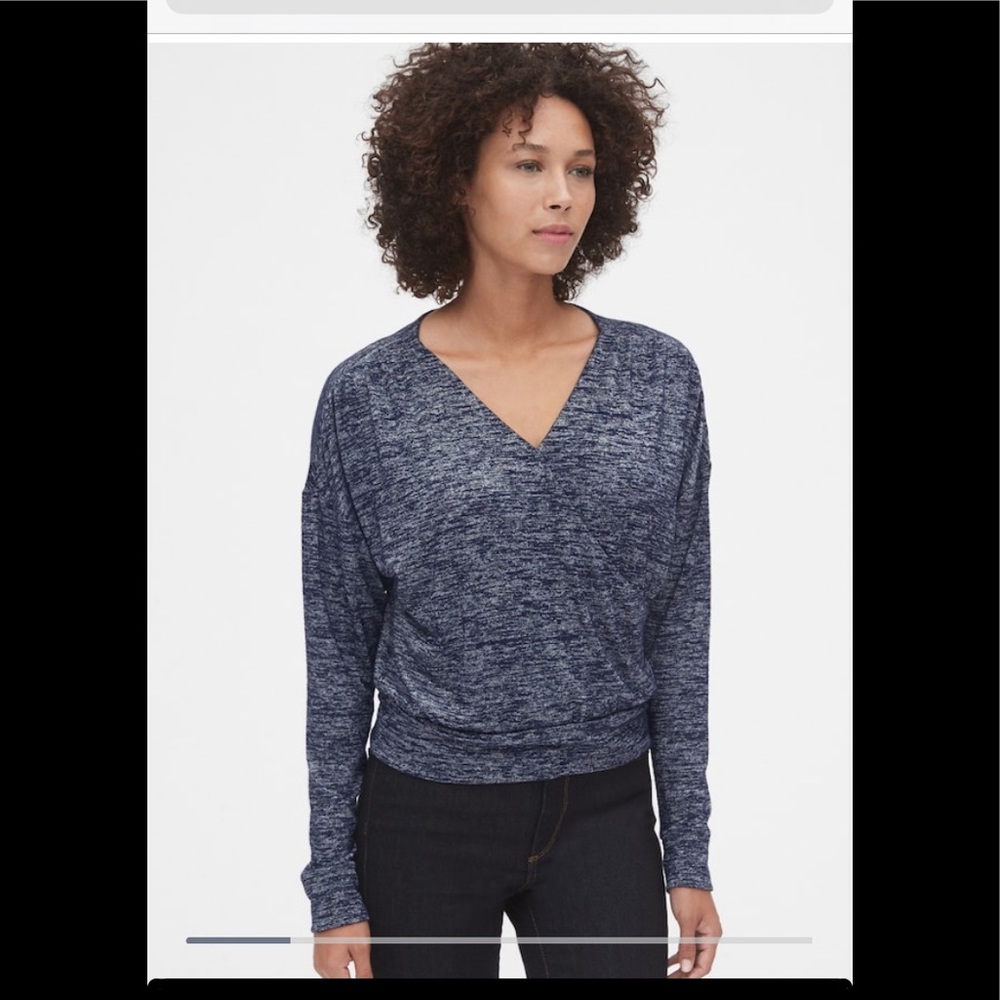 GAP Softspun V Neck Faux Wrap-Front Top In Heathered Navy
